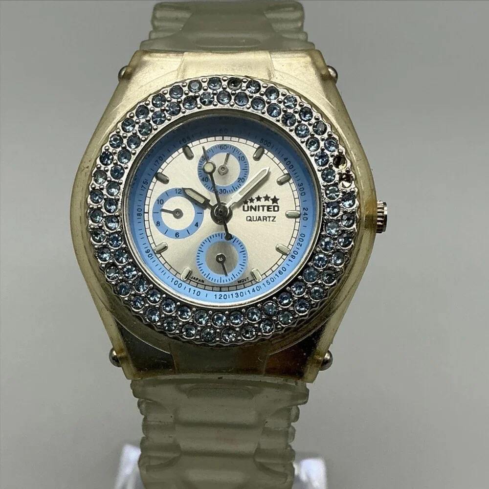 Vintage United Womens Watch 32mm Silver Blue Dial Gem Bezel Clear New Battery